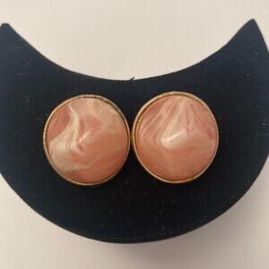 Vintage KRAMER Pink Marble Glass Clip On Earrings Silver Tone Signed